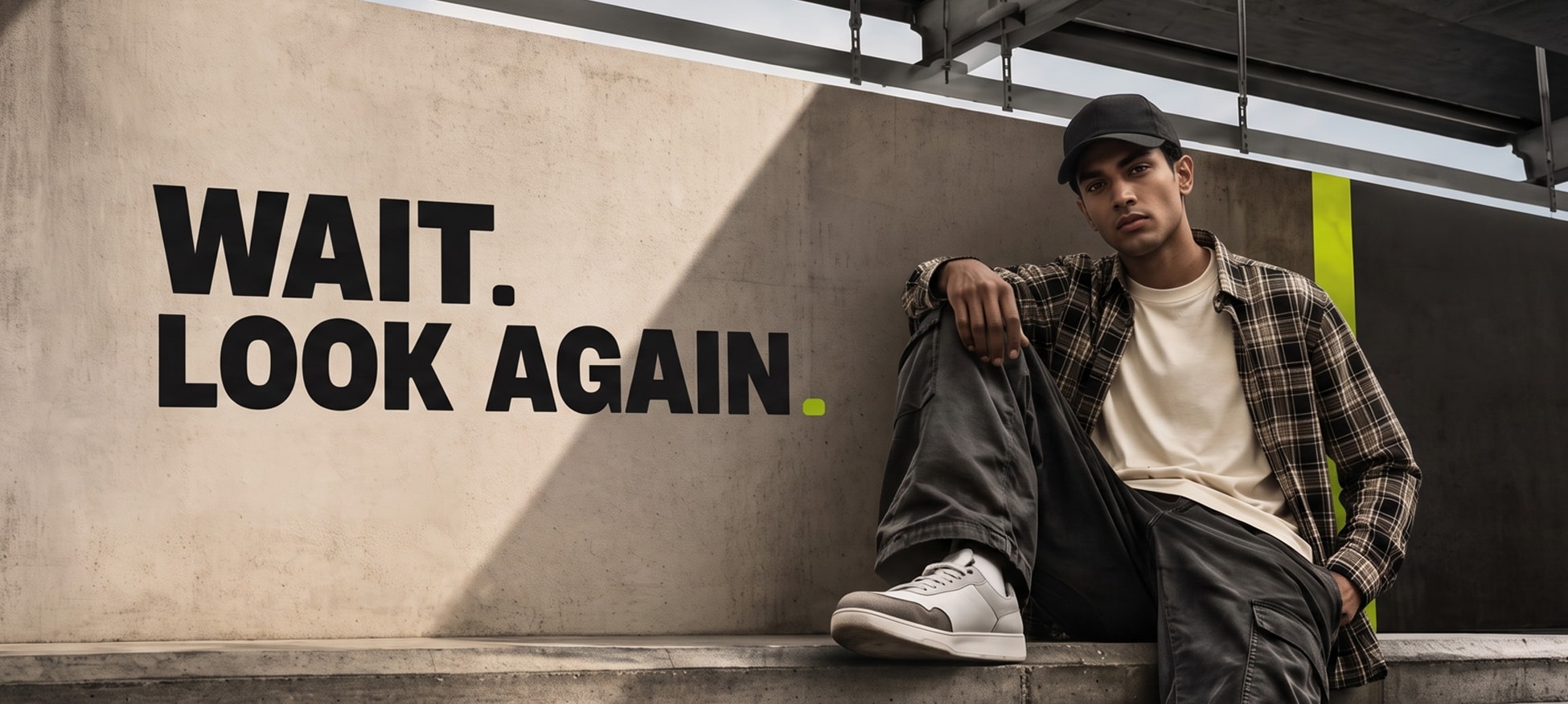 A man in a black cap, checked overshirt and cream tee sitting against a concrete wall painted with the words “Wait. Look again.”