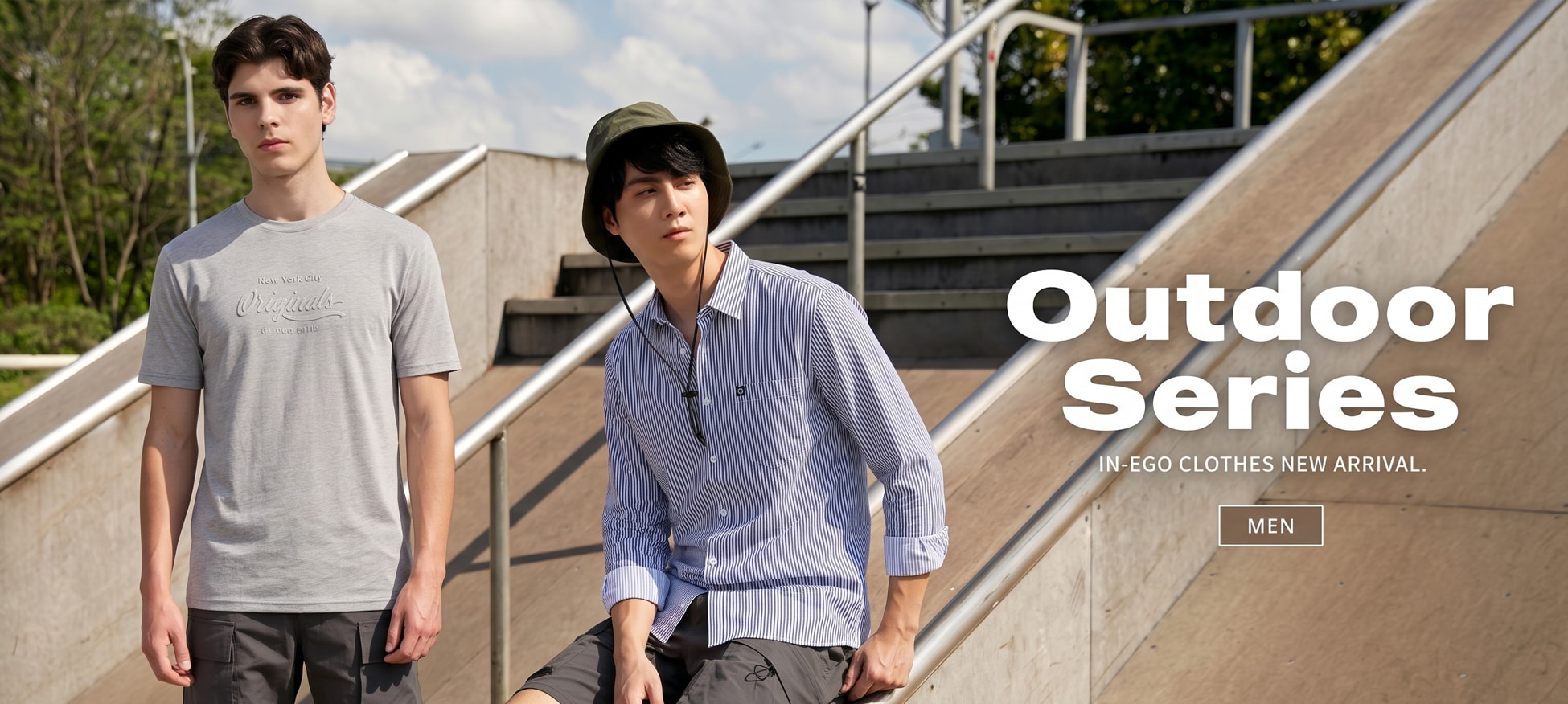 Two men on skate-park ramps in a grey graphic tee and a blue striped shirt with a bucket hat, beside the words “Outdoor Series - IN-EGO clothes new arrival”.