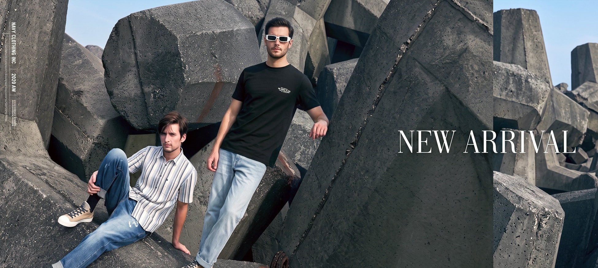 Two men among huge grey concrete sea blocks, one seated in a striped short-sleeve shirt and one standing in a black tee and jeans, beside the words “New arrival”.