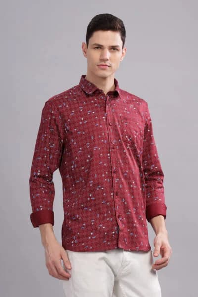 Men’s Cotton-Rich AOP Long Sleeve Shirt with Pocket Embroidery – Maroon