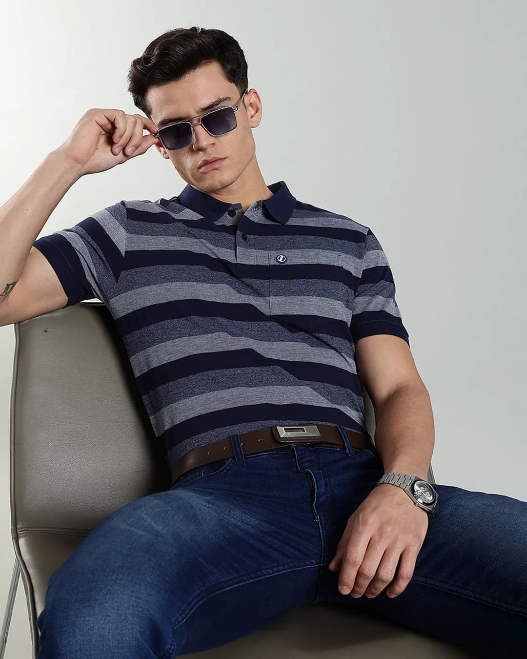 Men’s Striped Piqué Polo with Pocket Badge – Maroon & Navy