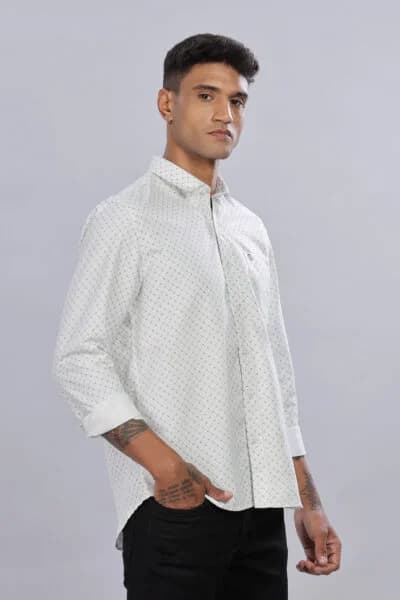 Men’s Cotton-Rich AOP Long Sleeve Shirt with Pocket Embroidery – White