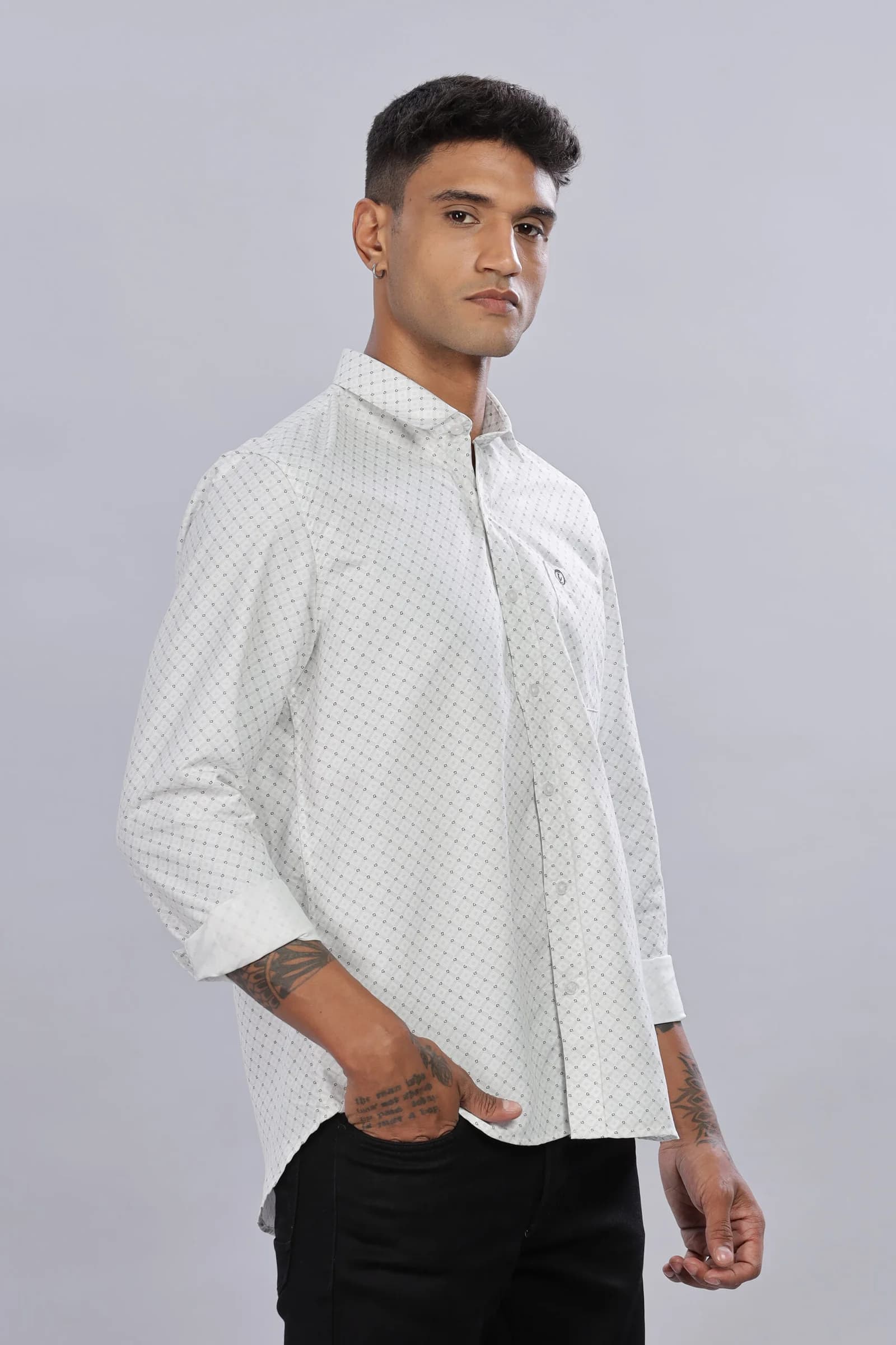 Men’s Cotton-Rich AOP Long Sleeve Shirt with Pocket Embroidery – White