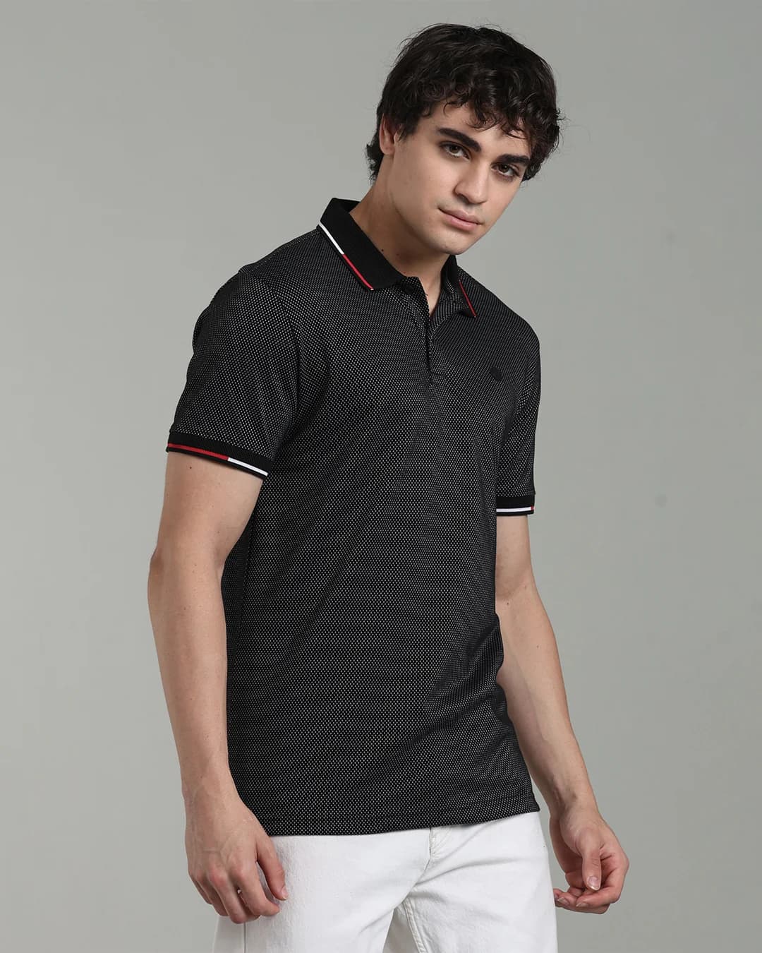 Men’s Premium Popcorn Texture Polo T-Shirt with Multi-Colour Collar Tipping & AOP Yoke – Black & Olive