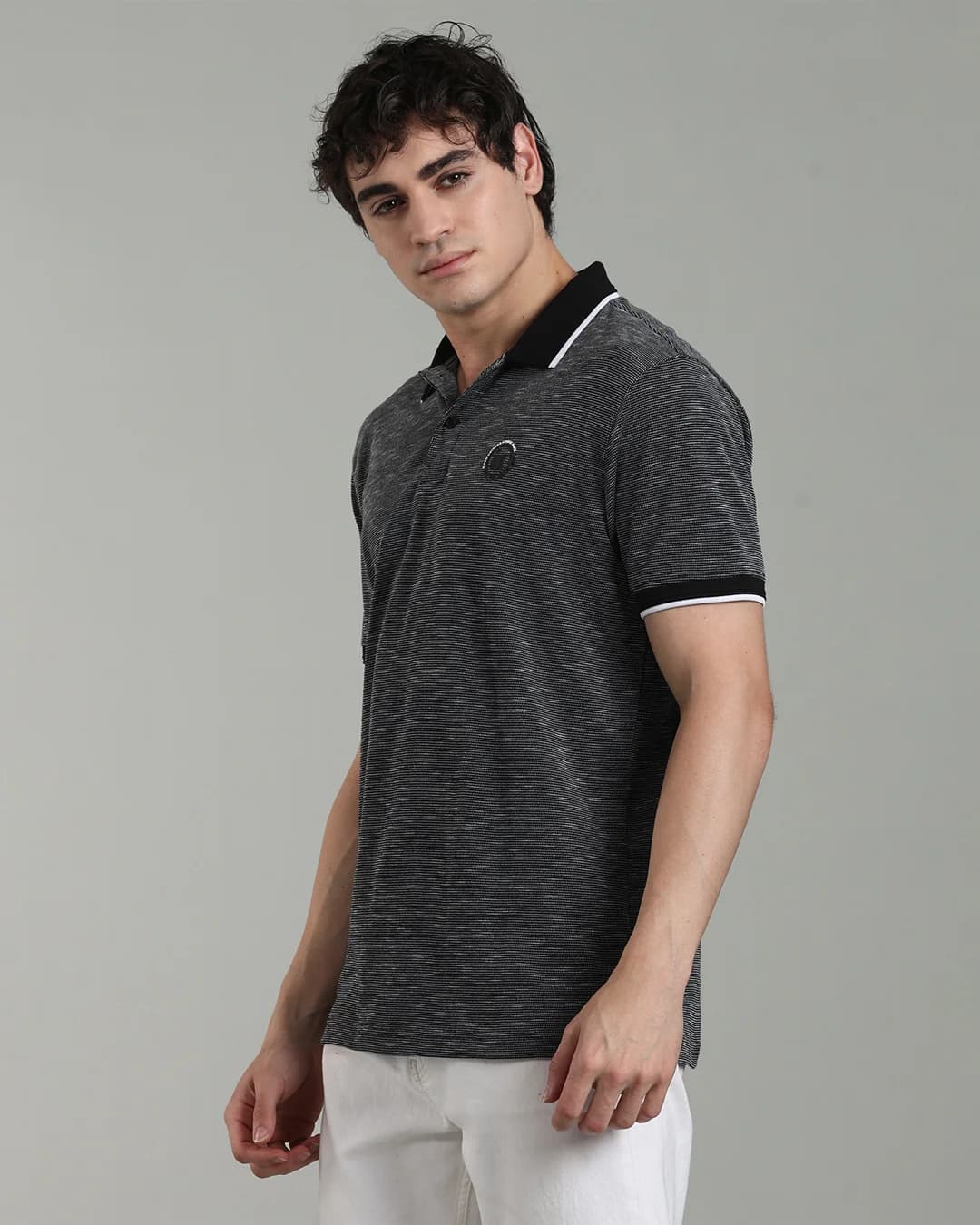 Men’s Luxury Slub Jacquard Polo T-Shirt with HD Chest Print & Contrast Tipping – Navy & Black