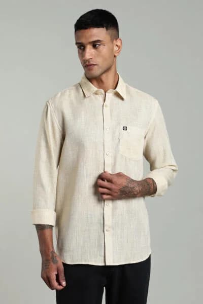 Men’s Linen Long Sleeve Shirt with Logo Detail – White & Yellow