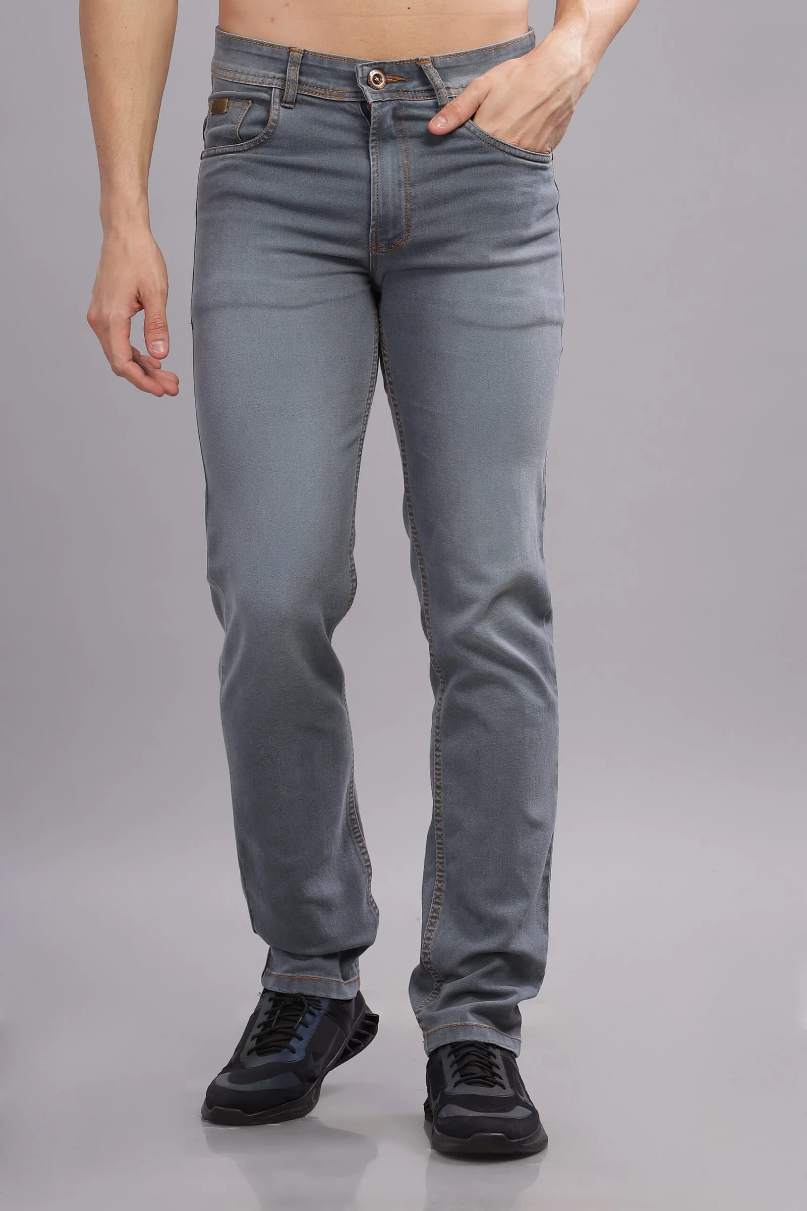 Men’s Washed Grey Denim Pant with Leather Patch Detail