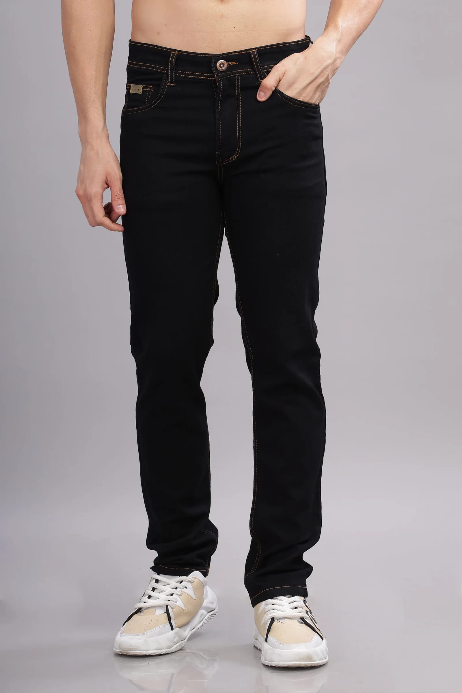 Men’s Washed Black Denim Pant with Leather Patch Finish
