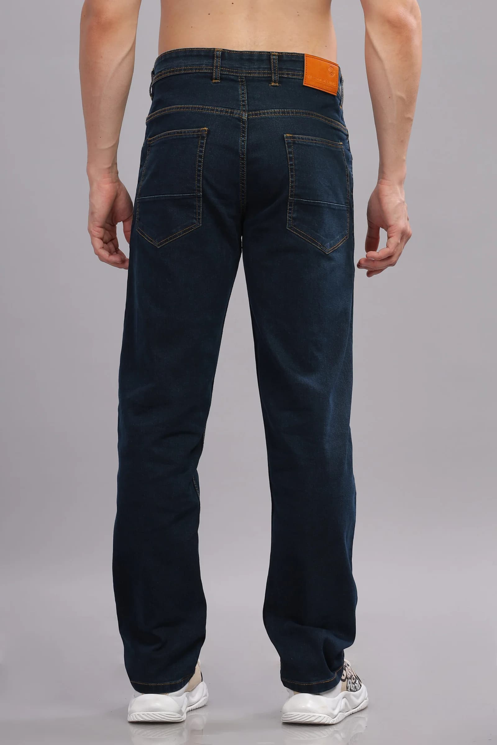 Men’s Washed Dark Blue Denim Pant with Leather Patch Detail