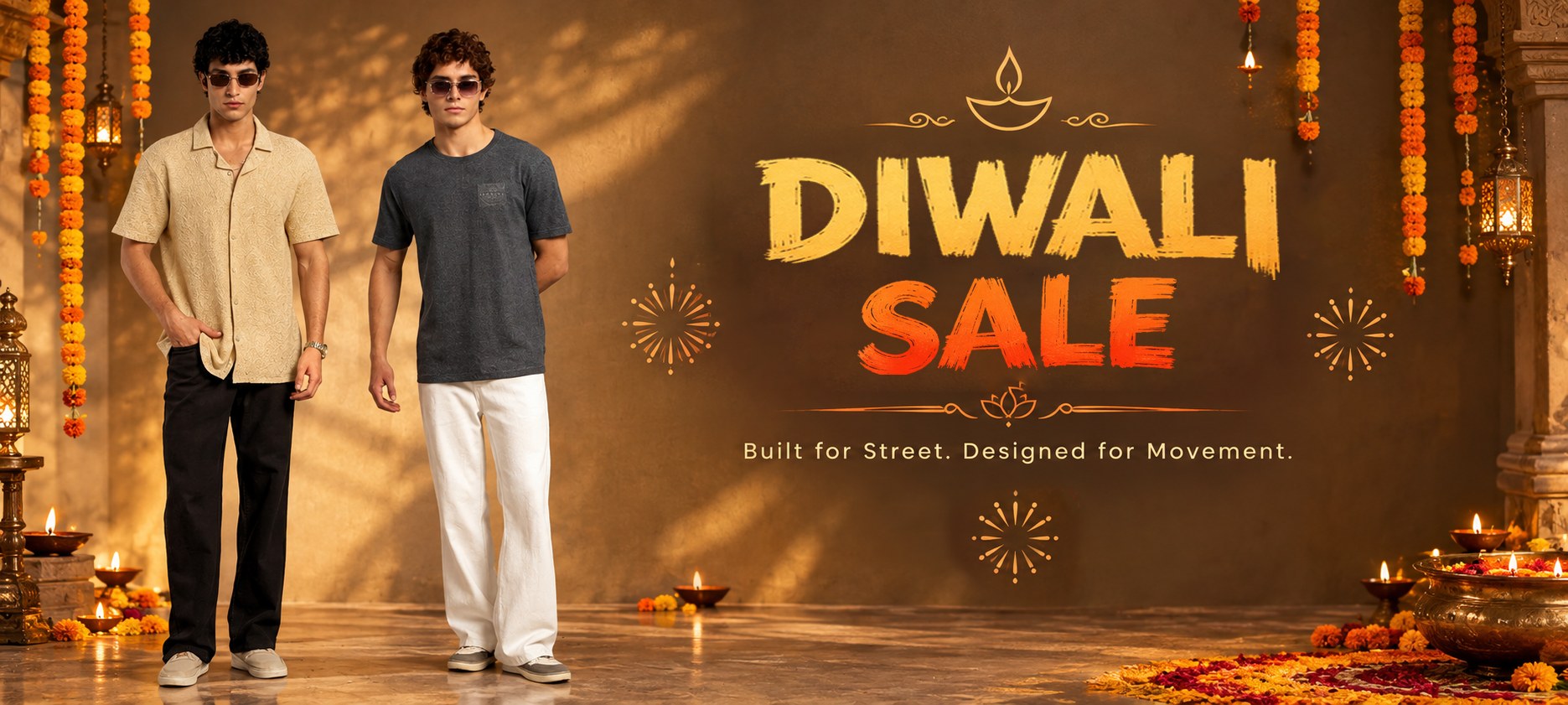 Two men in sunglasses, one in a beige textured short-sleeve shirt and black trousers and one in a charcoal tee and white trousers, among marigold garlands, lanterns and diyas, beside the words “Diwali Sale - Built for Street. Designed for Movement.”.
