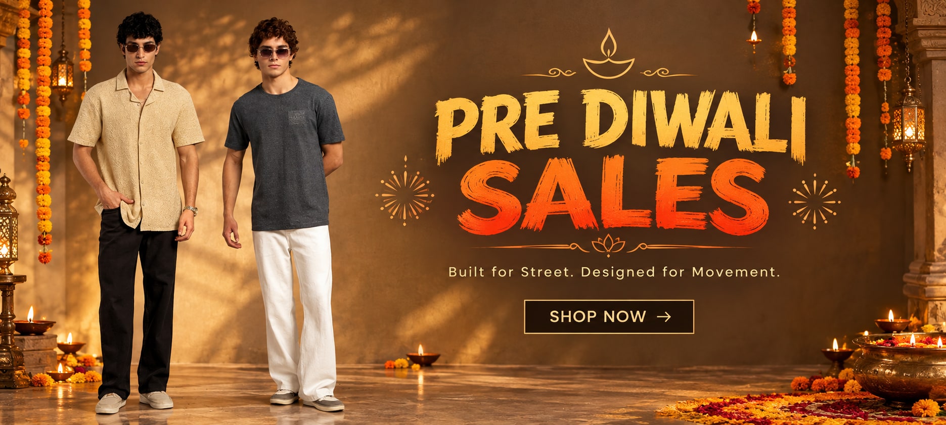 Two men in sunglasses, one in a beige textured short-sleeve shirt and black trousers and one in a charcoal tee and white trousers, among marigold garlands, lanterns and diyas, beside the words “Pre Diwali Sales - Built for Street. Designed for Movement. - Shop now”.