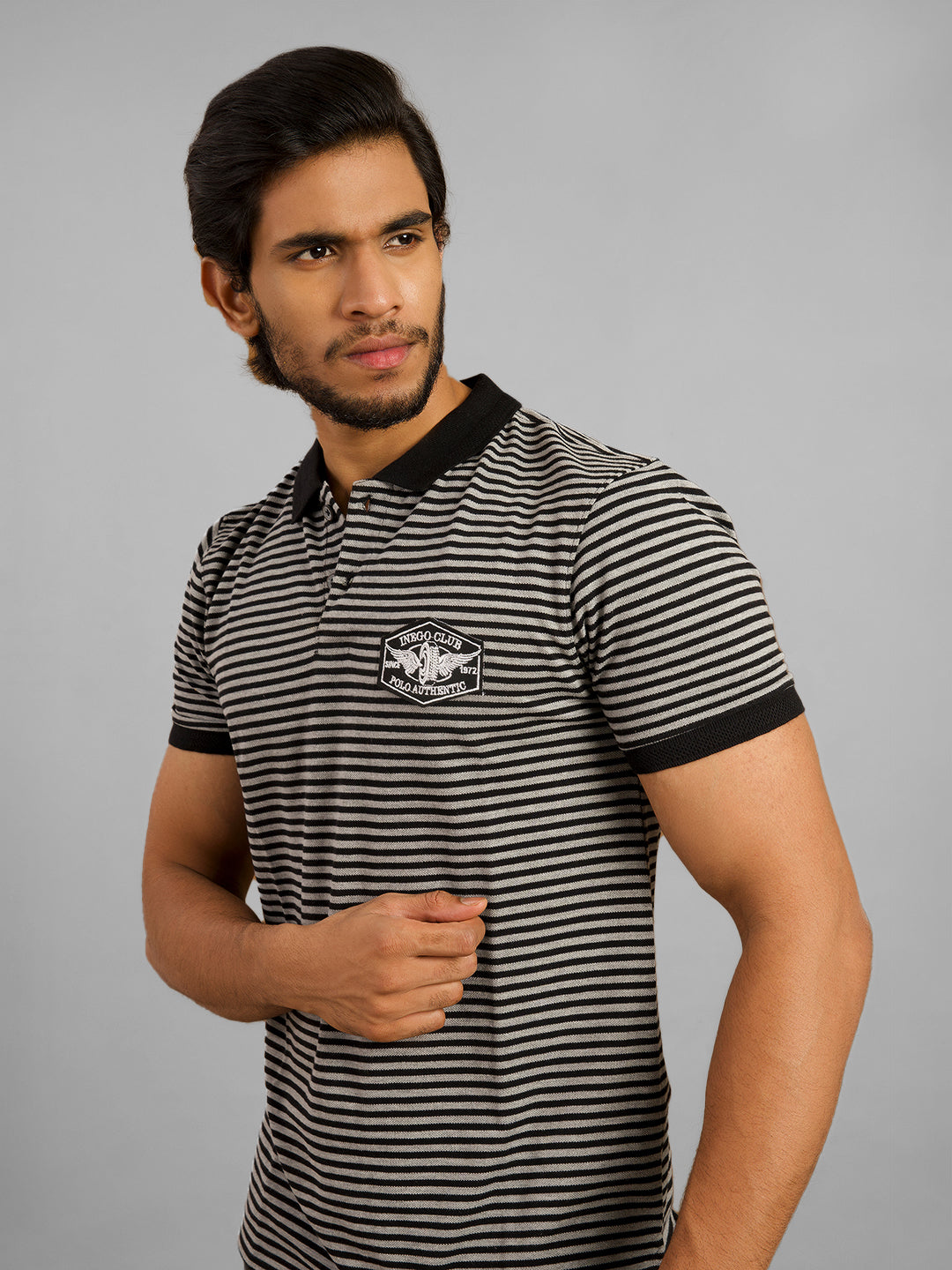 Inego Mens Striped Polo T-Shirt Half Sleeve Black Stripes Polo Collar 60% Cotton 40% Polyester Regular Fit (Black, Light Blue, Brown, Navy, Dark Red) Inego #color_Black