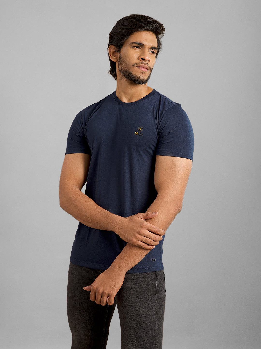 Inego Men Solid Round Neck T Shirt Half Sleeve Solid Round Neck 100% Spun Polyester Regular Fit (Astral Aura, Burgundy, Butterscotch, Bright White, Fanfare, Flame Scarlet, Ibiza Blue, Jet Black, Limestone, Scarab) Inego #color_Navy