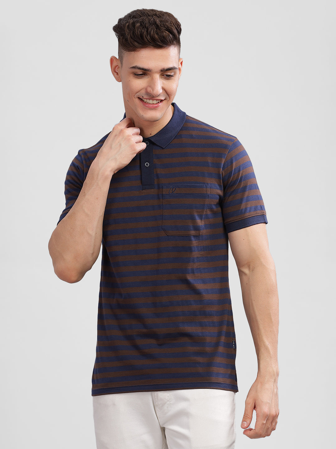 Inego Mens Striped Polo T-Shirt Half Sleeve Brown Stripes Polo Collar 52% Cotton 48% Polyester Regular Fit (Brown, Mustard) Inego #color_Brown