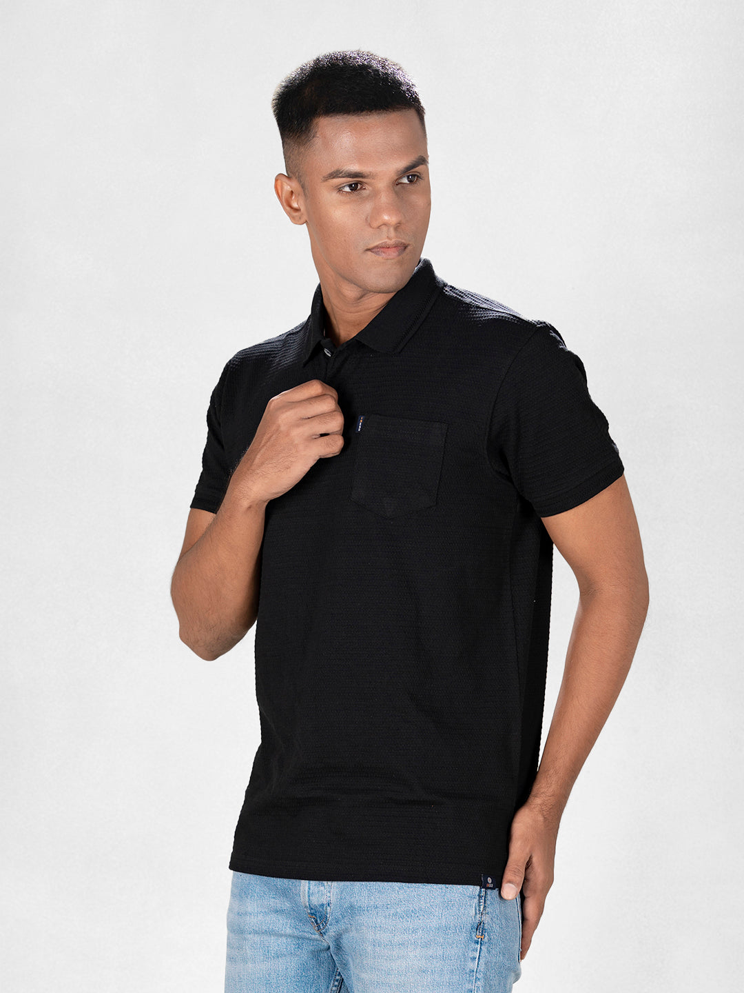 Inego Mens Jacquard Polo T-Shirt Half Sleeve Black Jacquard Polo Collar 100% Cotton Regular Fit (Black, Brown, Navy, Grey, White) Inego #color_Black