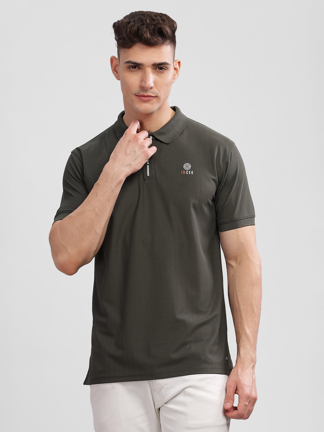 Inego Mens Textured Polo T-Shirt Half Sleeve Green Stripes Polo Collar 100% Polyester Regular Fit (Green, Grey, Navy, Off White, Pink) Inego #color_Green