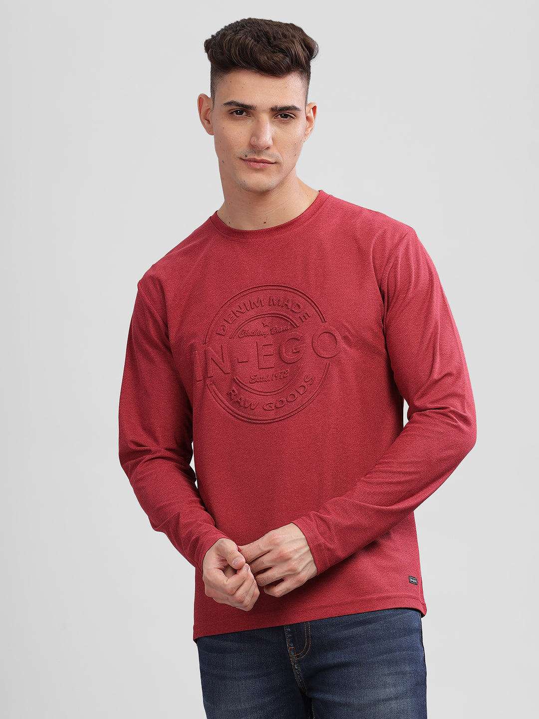 Inego Men Embossed Print T Shirt Long Sleeve Embossed Print Round Neck 100% Melange Polyester Regular Fit (Beet Red, Lint, Orion Blue, Peach Wood, Toast Almond) Inego #color_Maroon