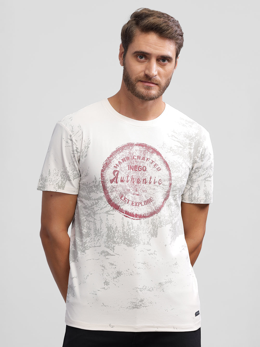 Inego Men All Over Print T Shirt Half Sleeve All Over Print Round Neck 100% Polyester Regular Fit (Antique White, Pewter, Sea Pine) Inego #color_Off White