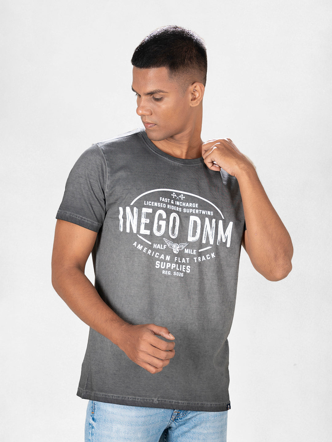 Inego Men Cold Pigment Dyed T Shirt Half Sleeve Hd Print Round Neck 100% Cotton Regular Fit (Black Sand, Imperial Blue, Midnight Navy, Mineral Yellow, Spice Red) Inego #color_Grey