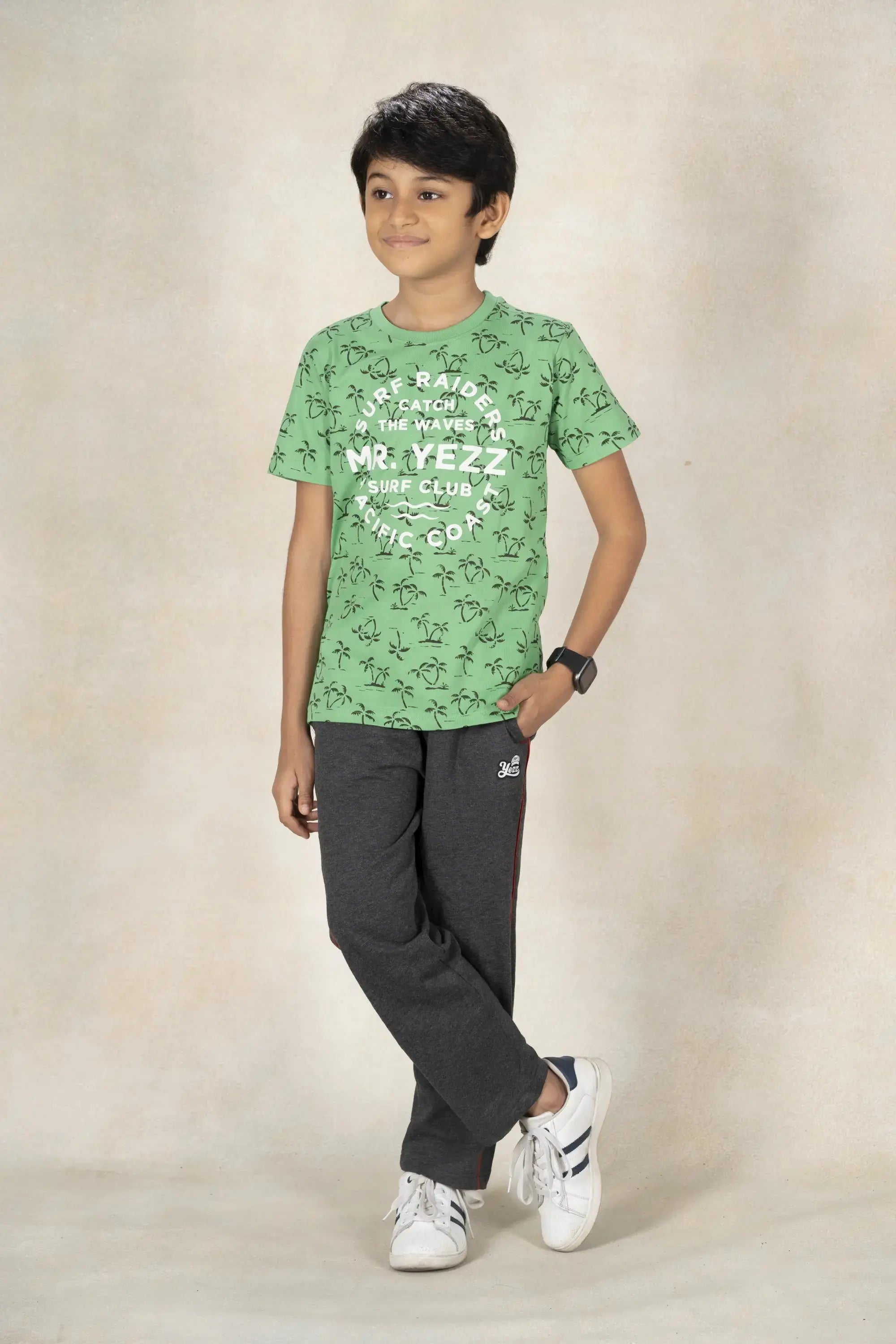 Boys Round Neck Printed T-Shirt MR YEZZ #color_Green Ivy