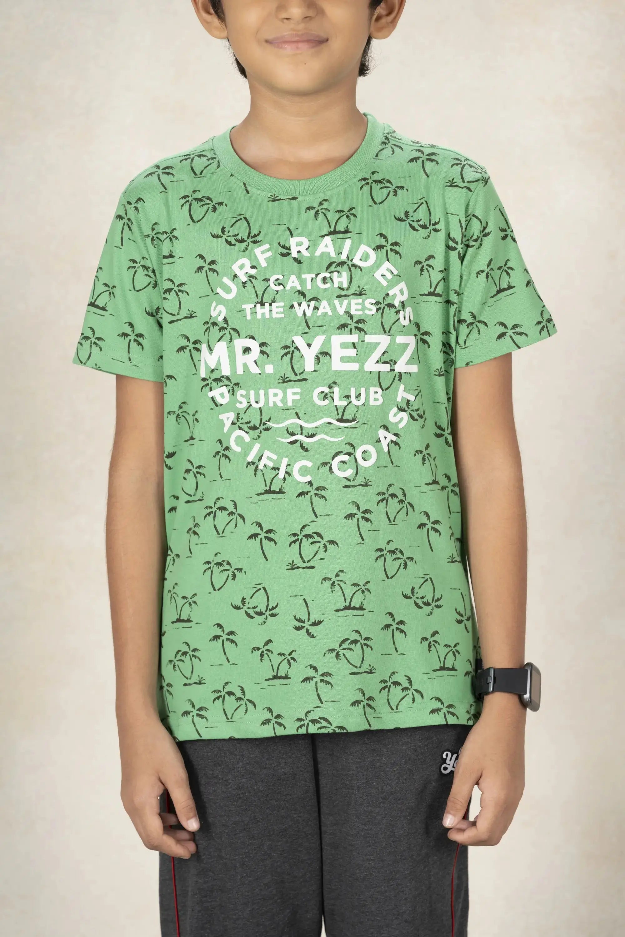 Boys Round Neck Printed T-Shirt MR YEZZ #color_Green Ivy