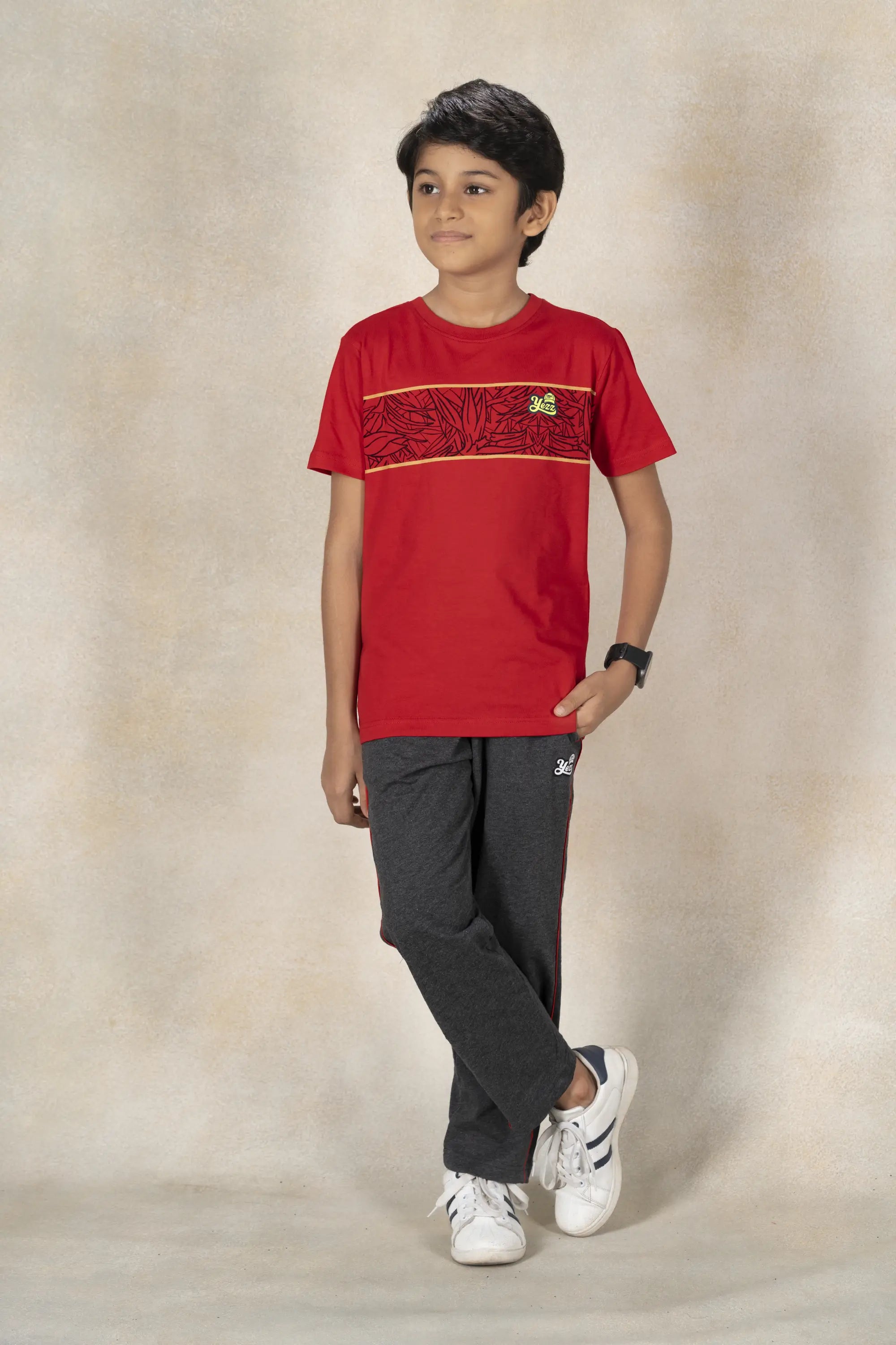 Boys Round Neck Cut and Sew T-Shirt MR YEZZ #color_Spiced Red