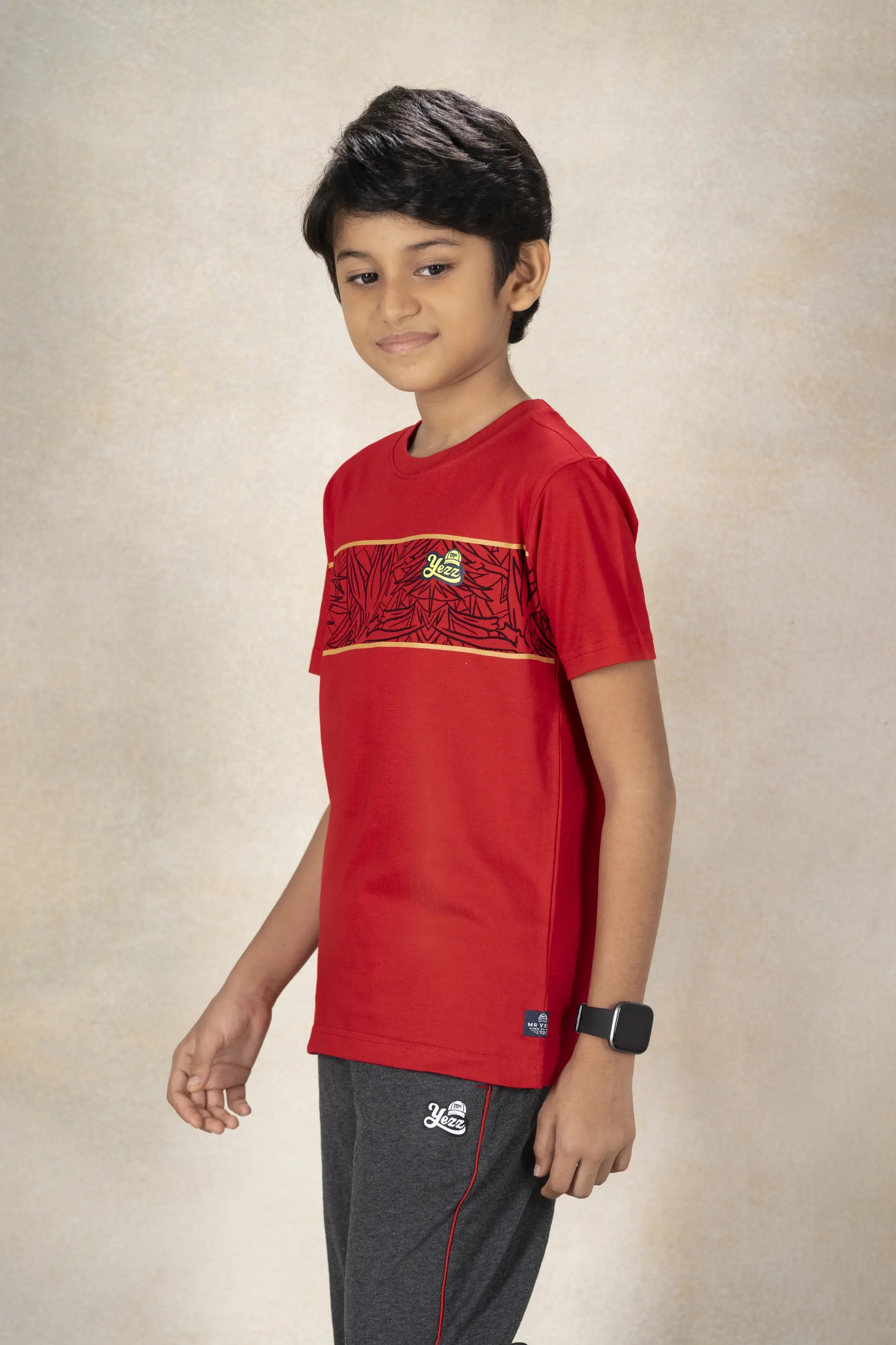 Boys Round Neck Cut and Sew T-Shirt MR YEZZ #color_Spiced Red