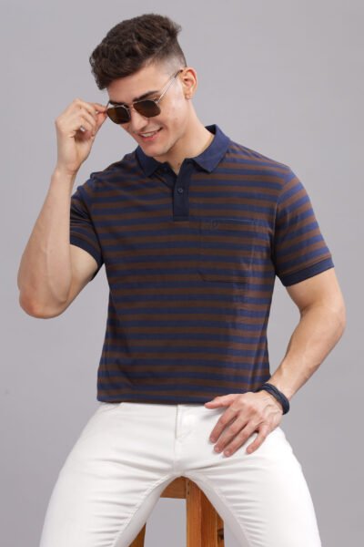Men’s Striped Cotton Polo T-Shirt - BROWN, L