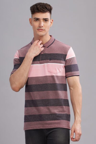 Men’s Striped Cotton Piqué Polo – Dark Plum & Dark Blue - DARK PLUM, XXL