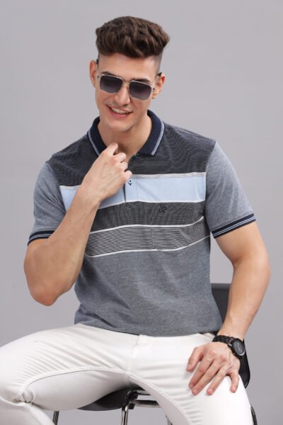 Men’s Striped Cotton Piqué Polo – Green Leaf & Clear Sky - CLEAR SKY, L