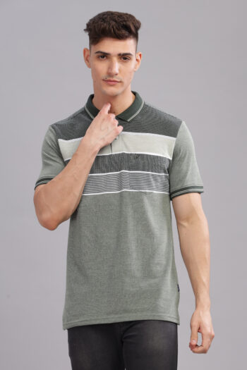 Men’s Striped Cotton Piqué Polo – Green Leaf & Clear Sky
