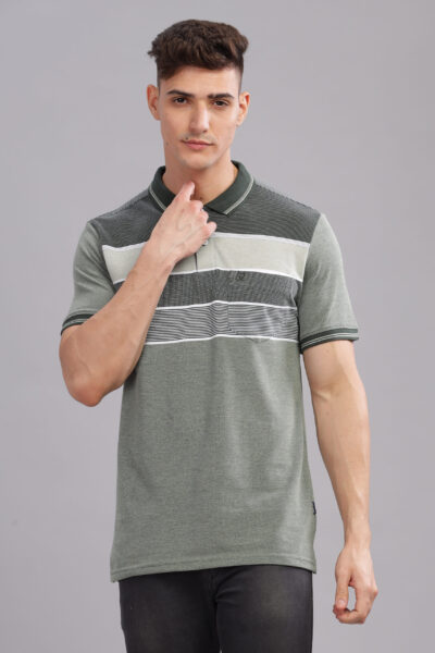 Men’s Striped Cotton Piqué Polo – Green Leaf & Clear Sky