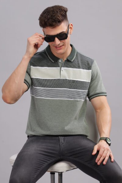 Men’s Striped Cotton Piqué Polo – Green Leaf & Clear Sky - GREEN LEAF, XXL