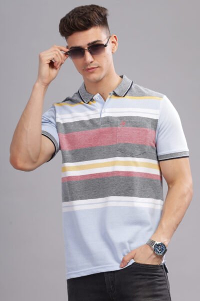 Men’s Striped Cotton Piqué Polo – Light Blue & Light Green - LIGHT BLUE, L