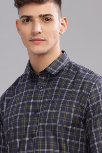 Men’s Yarn-Dyed Cotton Checked Long Sleeve Shirt with Pocket Embroidery – Navy Blue