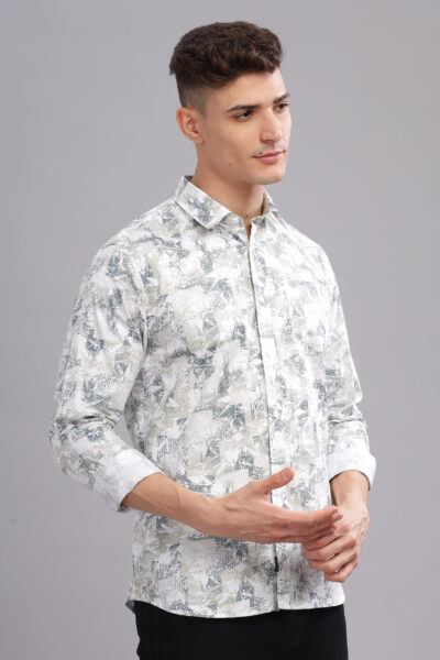 Men’s Cotton-Rich AOP Long Sleeve Shirt with Pocket Embroidery – Off White - OFF WHITE, XXL