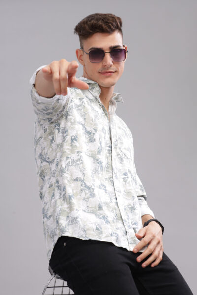 Men’s Cotton-Rich AOP Long Sleeve Shirt with Pocket Embroidery – Off White