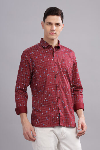 Men’s Cotton-Rich AOP Long Sleeve Shirt with Pocket Embroidery – Maroon