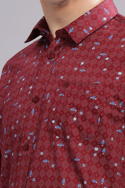 Men’s Cotton-Rich AOP Long Sleeve Shirt with Pocket Embroidery – Maroon - MAROON, XXL