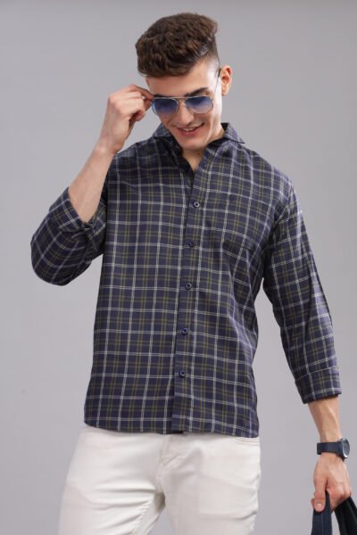 Men’s Yarn-Dyed Cotton Checked Long Sleeve Shirt with Pocket Embroidery – Navy Blue - NAVY, XXL