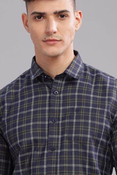 Men’s Yarn-Dyed Cotton Checked Long Sleeve Shirt with Pocket Embroidery – Navy Blue - NAVY, XXL