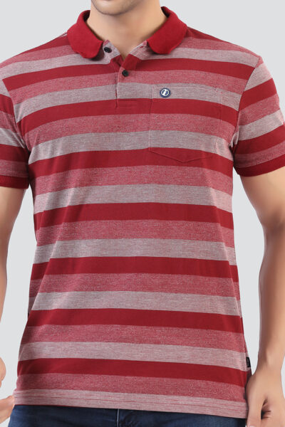 Men’s Striped Piqué Polo with Pocket Badge – Maroon & Navy - MAROON, XXL