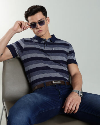 Men’s Striped Piqué Polo with Pocket Badge – Maroon & Navy