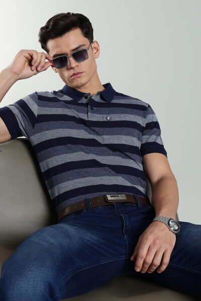 Men’s Striped Piqué Polo with Pocket Badge – Maroon & Navy