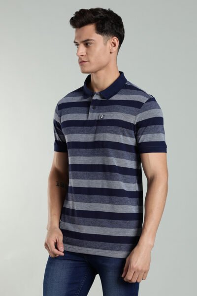 Men’s Striped Piqué Polo with Pocket Badge – Maroon & Navy - NAVY, XXL