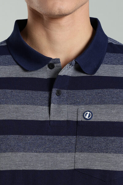 Men’s Striped Piqué Polo with Pocket Badge – Maroon & Navy - NAVY, XXL