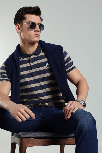 Men’s Popcorn-Texture Striped Polo with Rubber Badge – Dual Colour Options - BROWN, XXL