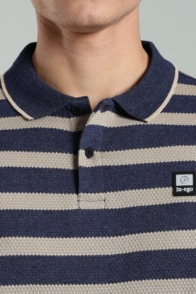 Men’s Popcorn-Texture Striped Polo with Rubber Badge – Dual Colour Options - BROWN, XXL