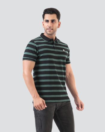 Men’s Popcorn-Texture Striped Polo with Rubber Badge – Dual Colour Options