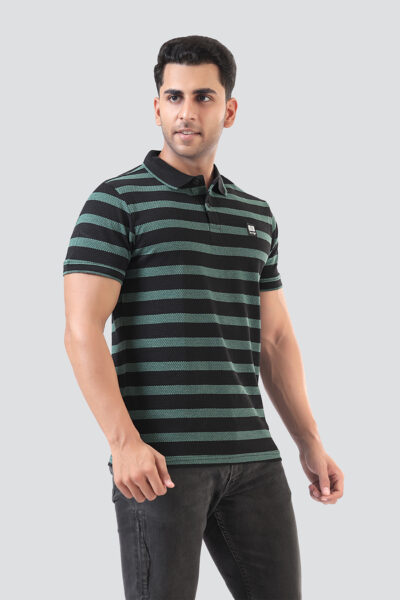 Men’s Popcorn-Texture Striped Polo with Rubber Badge – Dual Colour Options